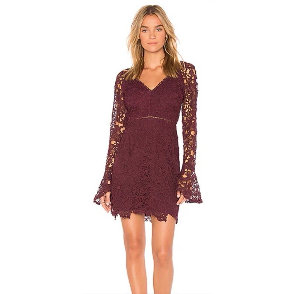 ASTR The Label maroon crochet floral embroidered dress long sleeve party dress